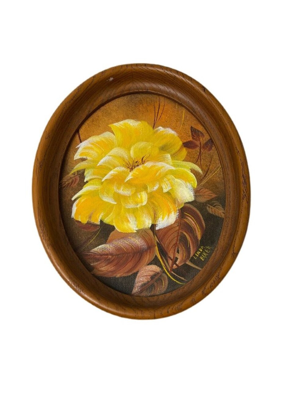 Oval Wood Framed Floral Painting Yellow Flower Artwork By Linda Baker 8x10